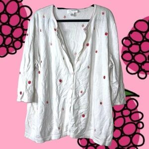 Cute Y2K white and pink cardigan with raspberry embroidery print cardigan